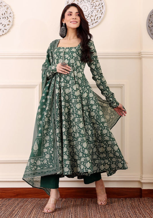 Green Floral Anarkali Kurta Set with Dupatta and Pants | Ethnic Wear for Women - Prisachi Official