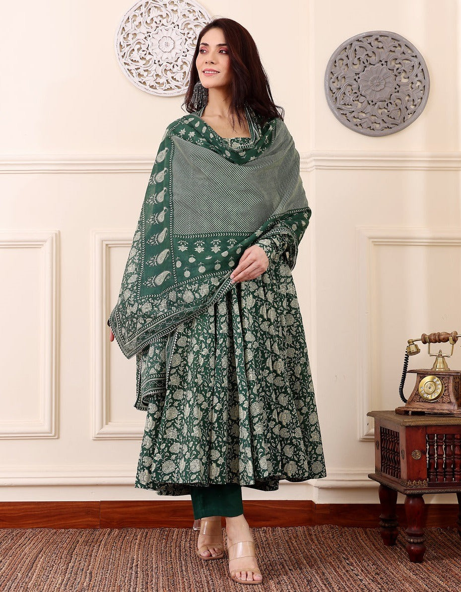 Green Floral Anarkali Kurta Set with Dupatta and Pants | Ethnic Wear for Women - Prisachi Official