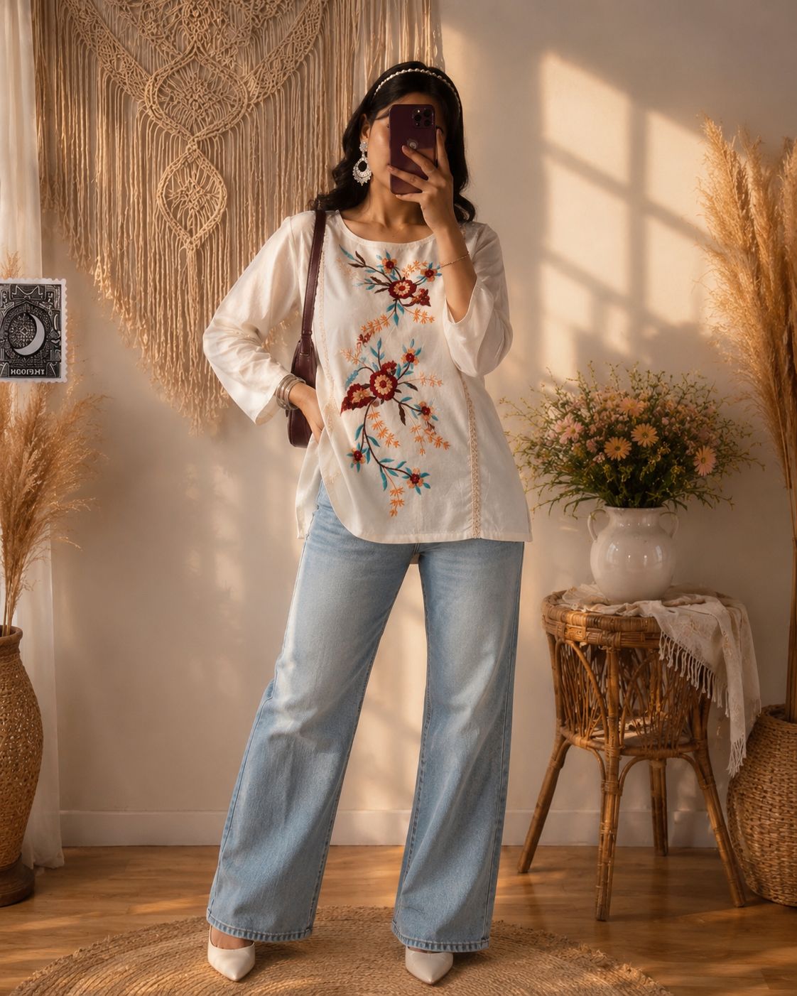 Off White Floral Thread Embroidered Tunic Top for Women | Tiered A-Line Ethnic Top | Casual Office Wear