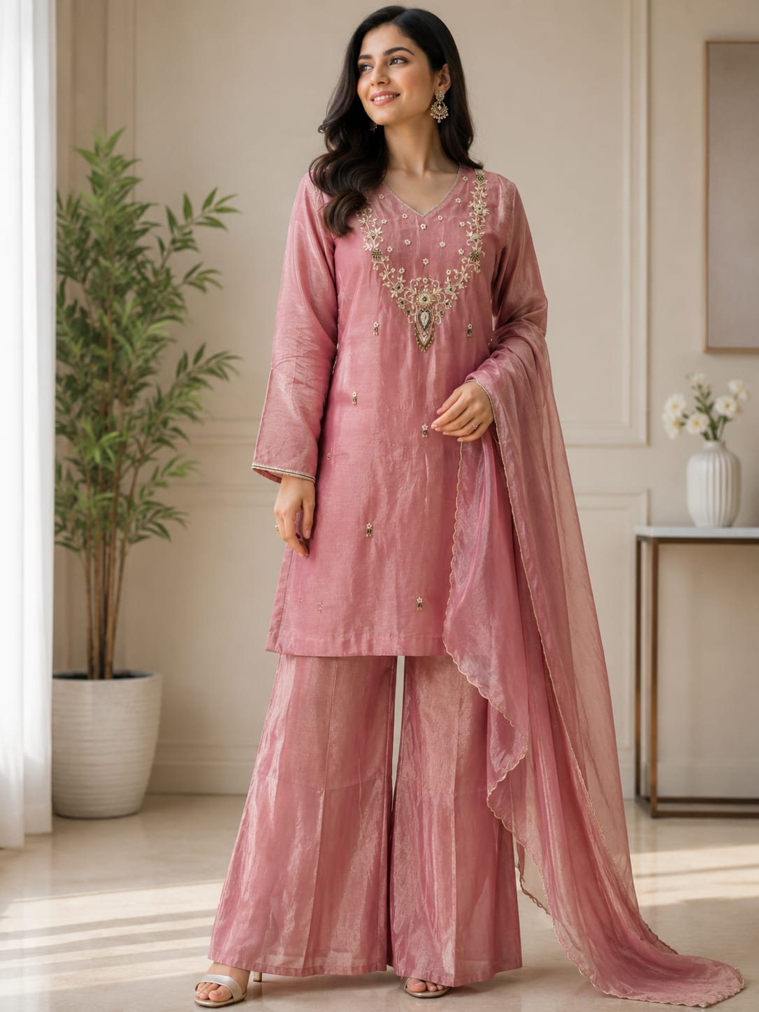 Rose Pink Zardozi Embroidered Ethnic Kurta Set for Women with Pants & Dupatta
