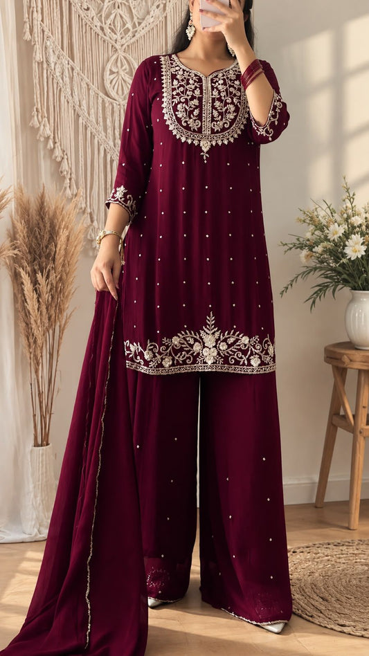 Wine Embroidered Kurta Set for Women with Palazzo Pants & Dupatta | Elegant Festive & Party Wear