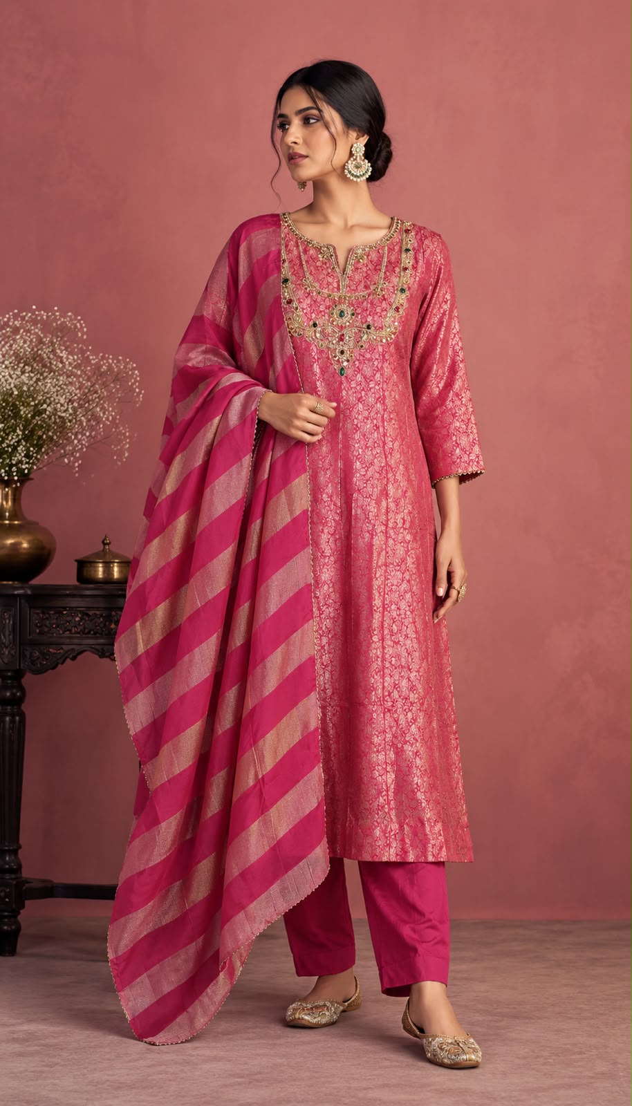 Deep Pink Embroidered Straight Kurta Pant Set with a Zari Dupatta for Women .