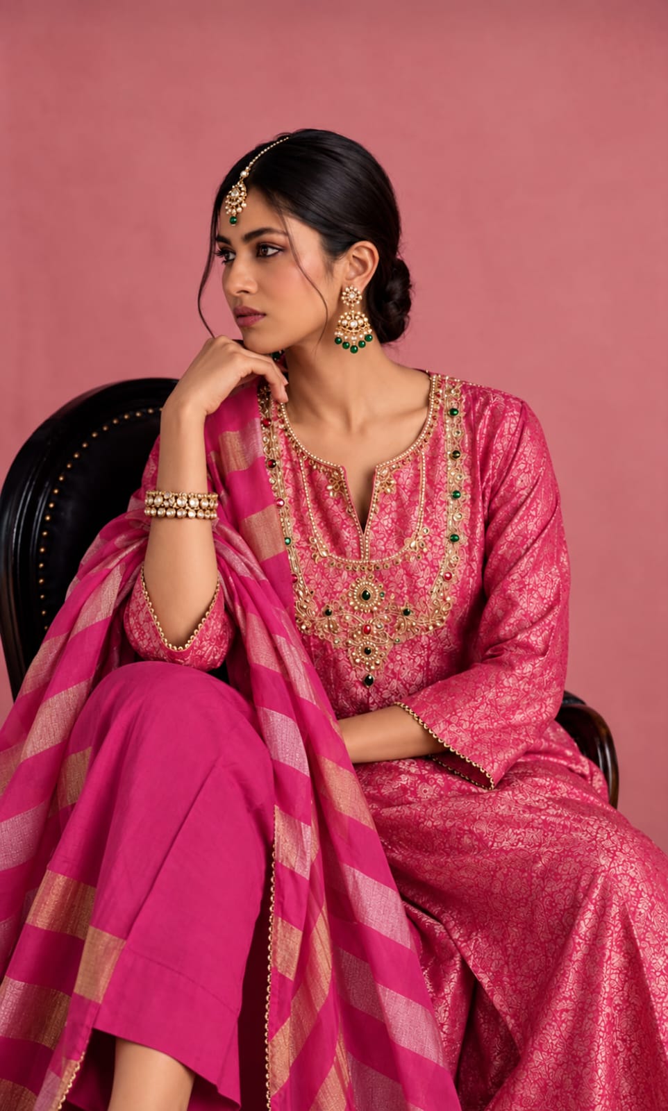 Deep Pink Embroidered Straight Kurta Pant Set with a Zari Dupatta for Women .