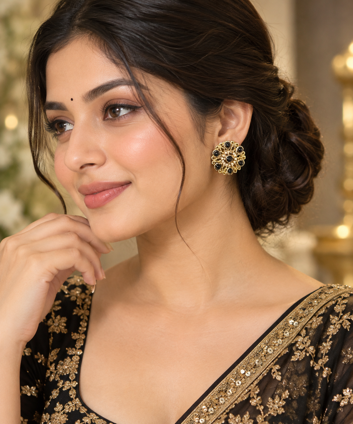 Ethnic Gold-Plated Black Kundan Earrings