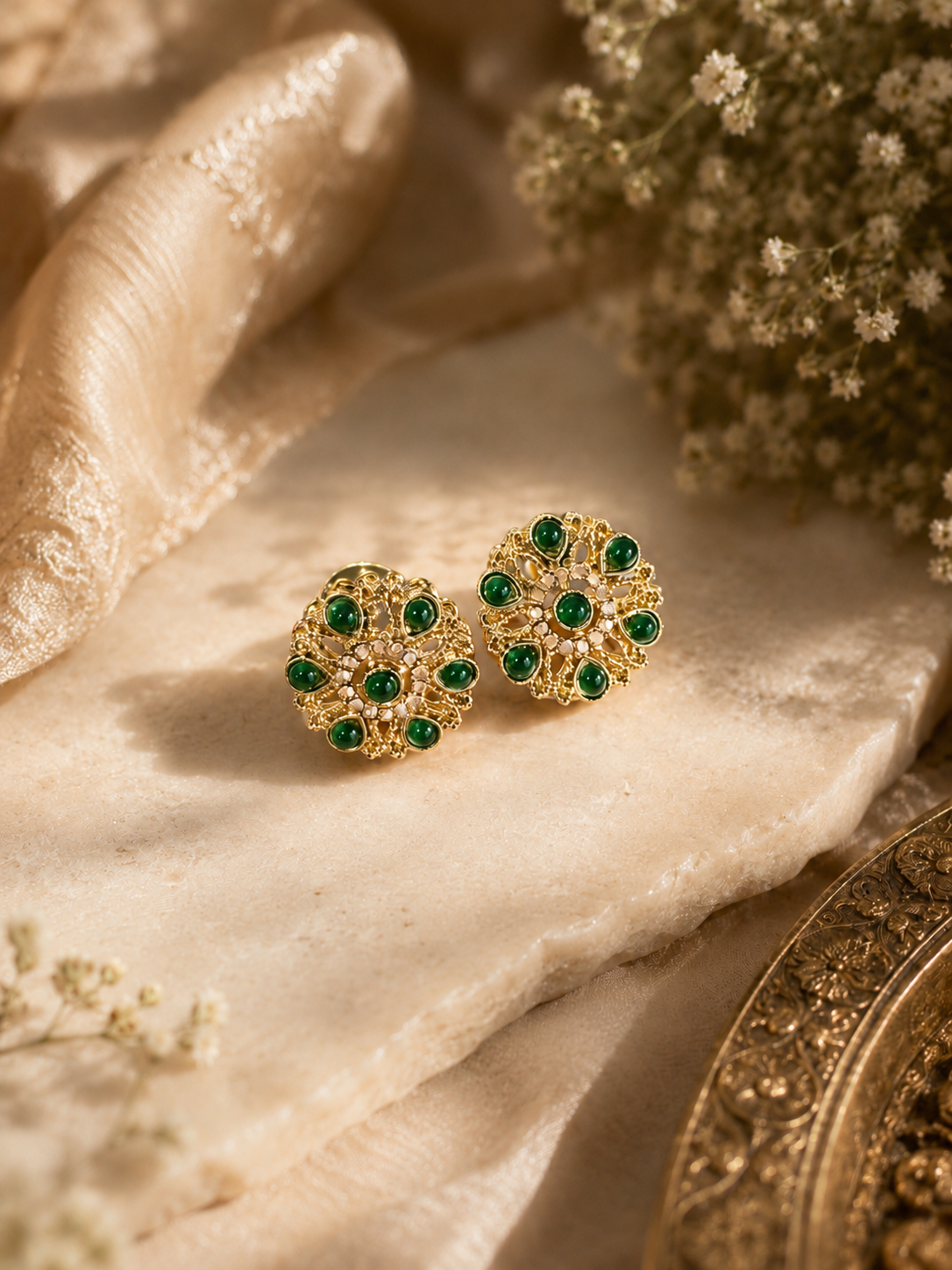 Beautiful Green Floral Kundan Earrings for Women