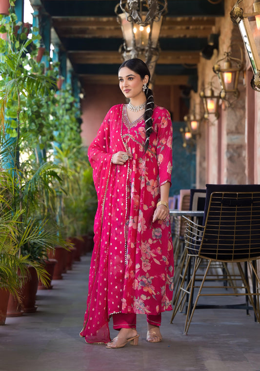 Pink Chinon floral print Alia cut Anarkali dress without duppata