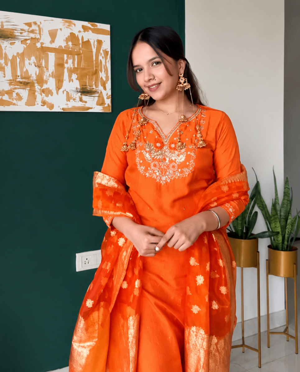 Prisachi Orange Zardozi Embroidered Kurta Pant Set for Women with Banarasi Dupatta | Designer Ethnic Suit