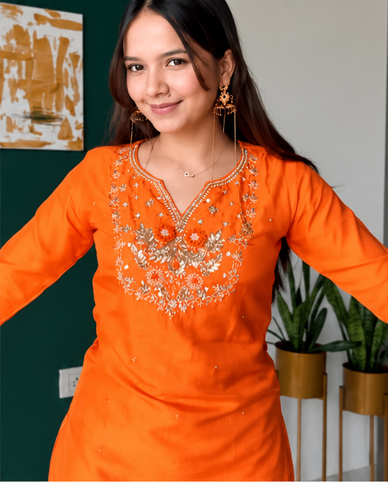 Prisachi Orange Zardozi Embroidered Kurta Pant Set for Women with Banarasi Dupatta | Designer Ethnic Suit