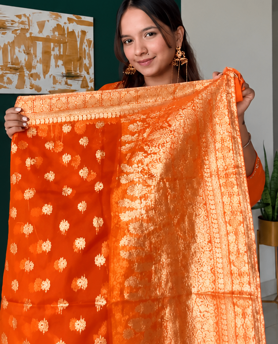 Prisachi Orange Zardozi Embroidered Kurta Pant Set for Women with Banarasi Dupatta | Designer Ethnic Suit