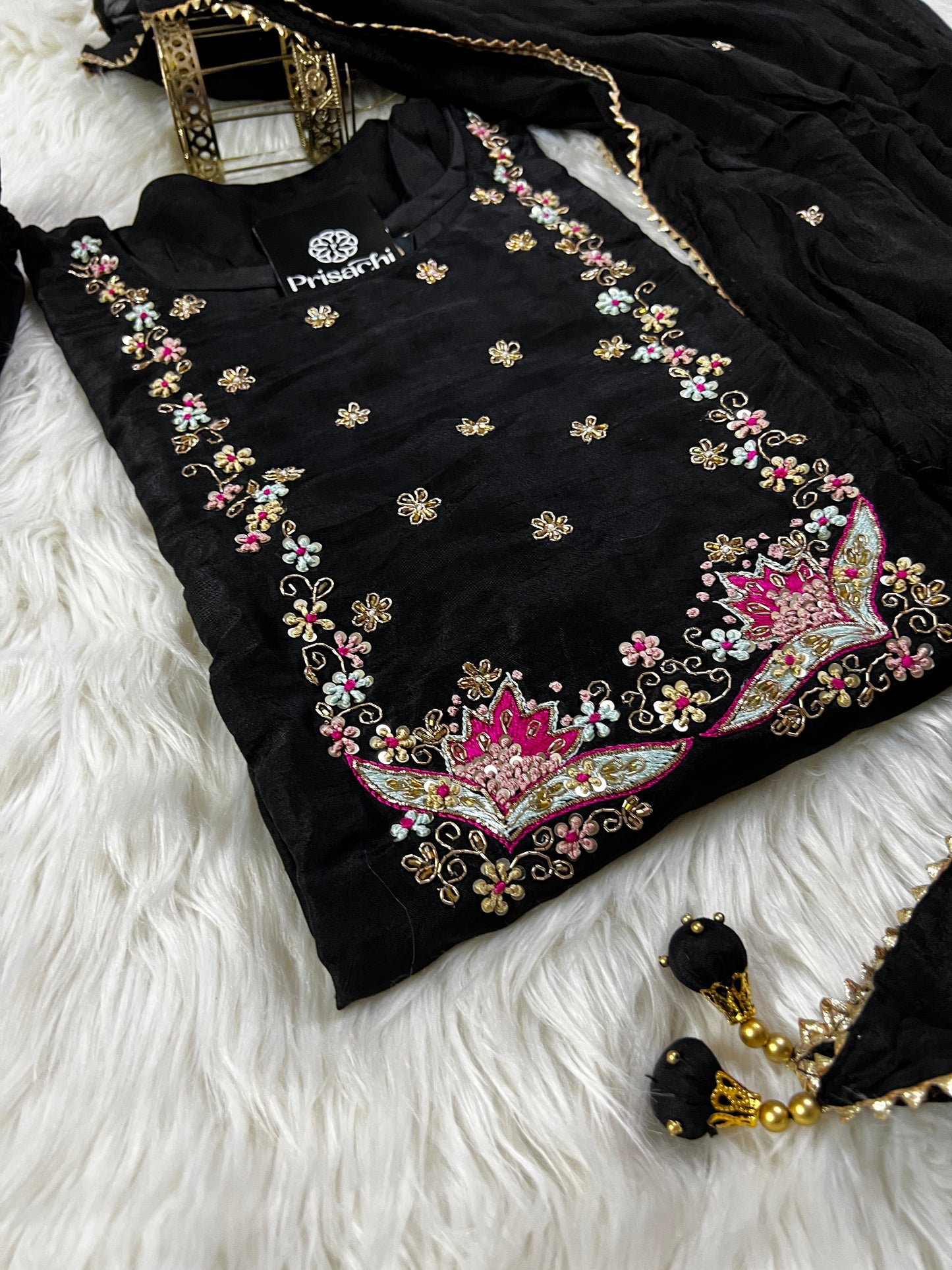 Wine embroidered chanderi silk kurta set with dupatta