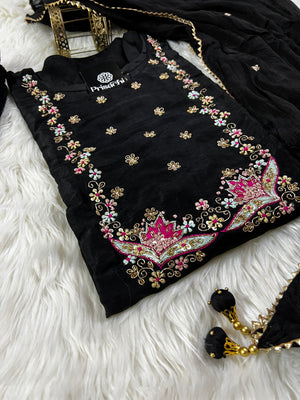 Black embroidered cotton silk kurta set with dupatta