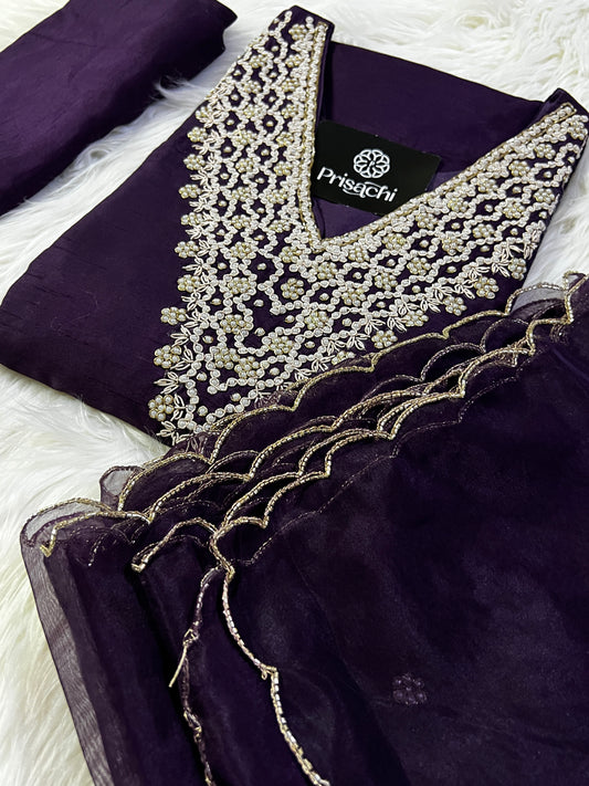 Purple neck embroidered kurta set with dupatta - Prisachi Official