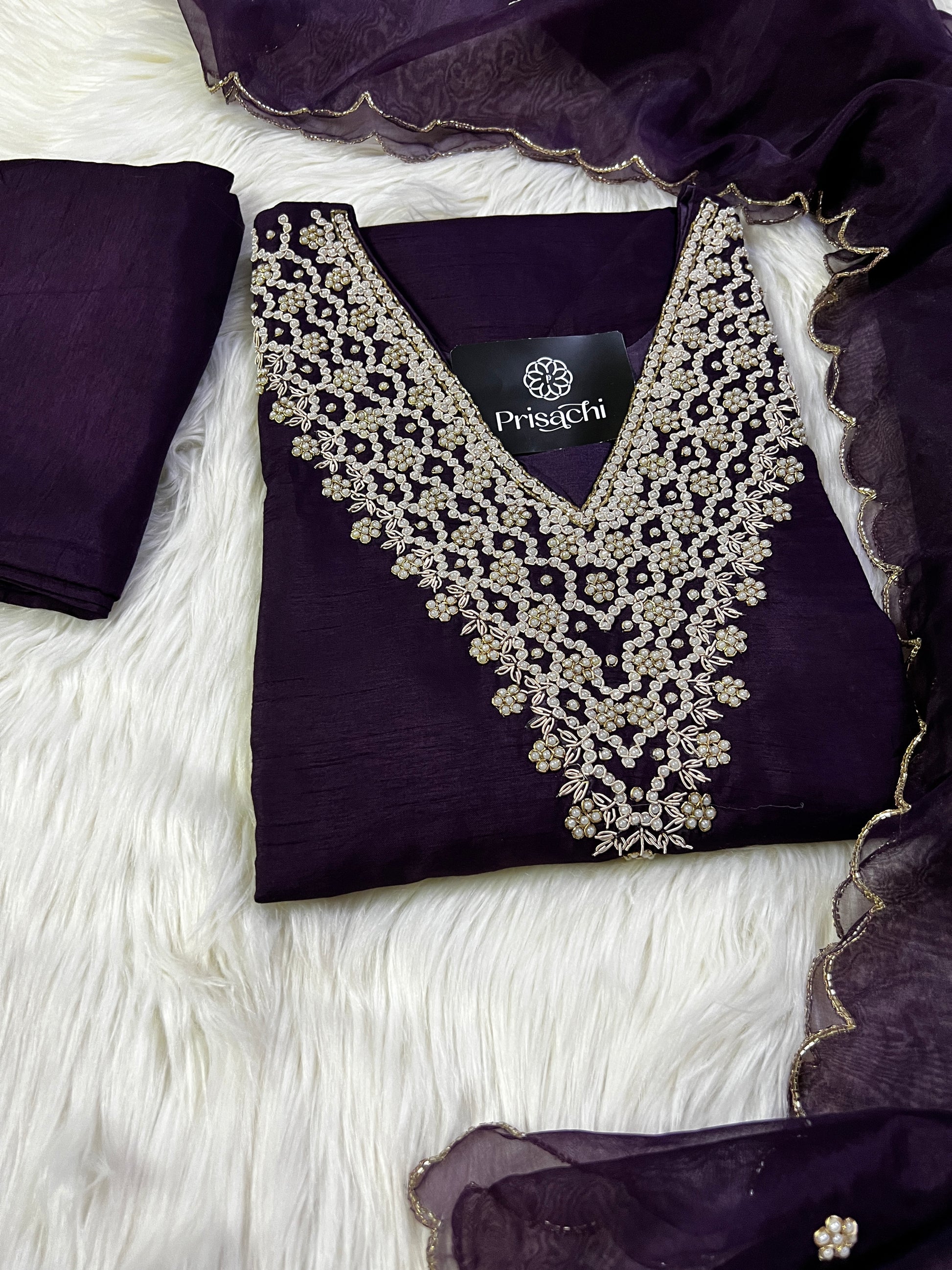 Purple neck embroidered kurta set with dupatta - Prisachi Official