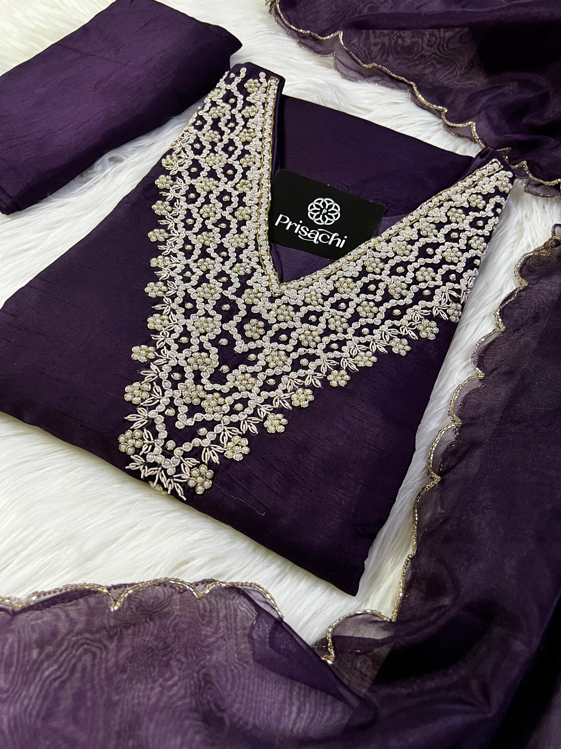 Purple neck embroidered kurta set with dupatta - Prisachi Official