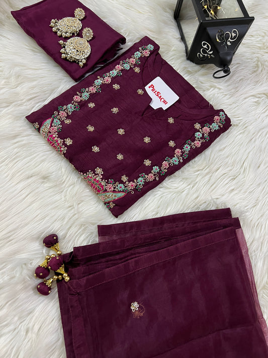 Purple embroidered chanderi silk kurta set with dupatta - Prisachi Official