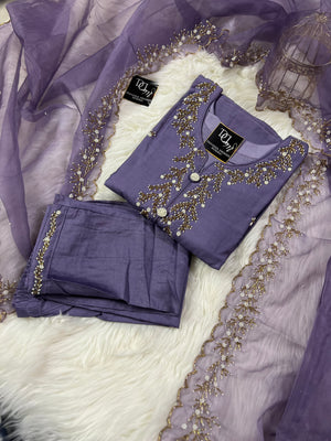 Purple embroidered kurta set with dupatta