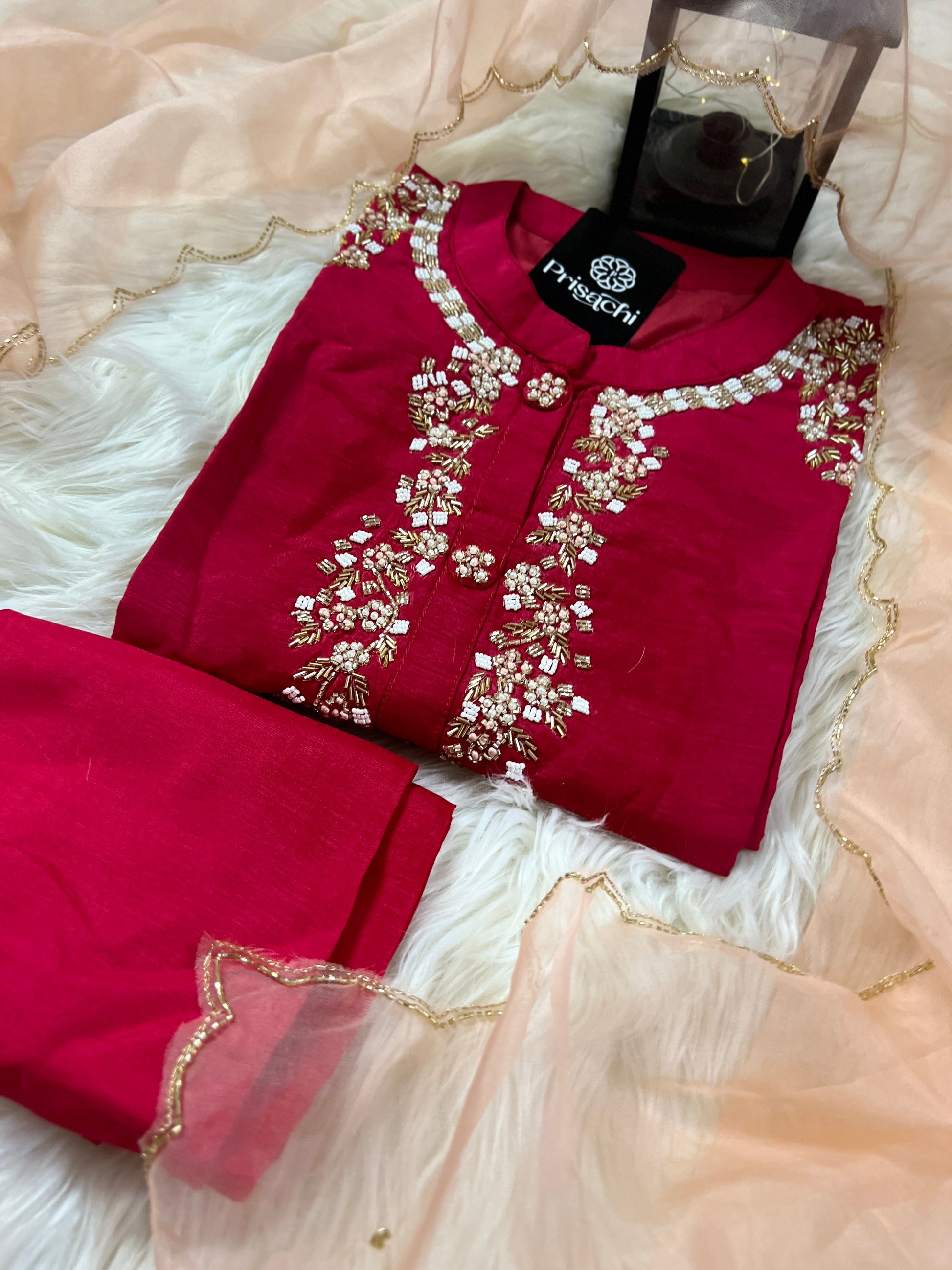 Red embroidered kurta set with dupatta - Prisachi Official