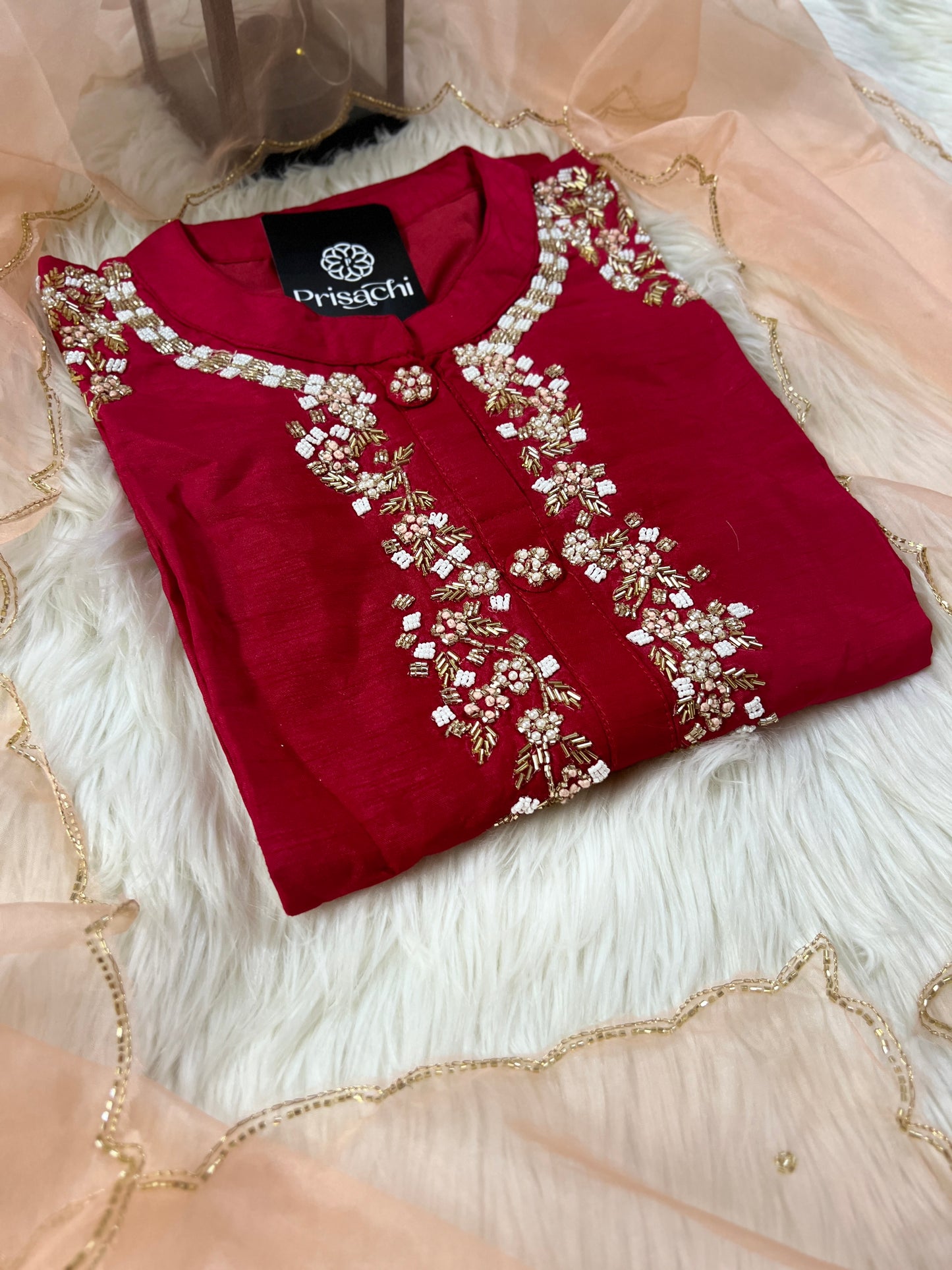Red embroidered kurta set with dupatta - Prisachi Official