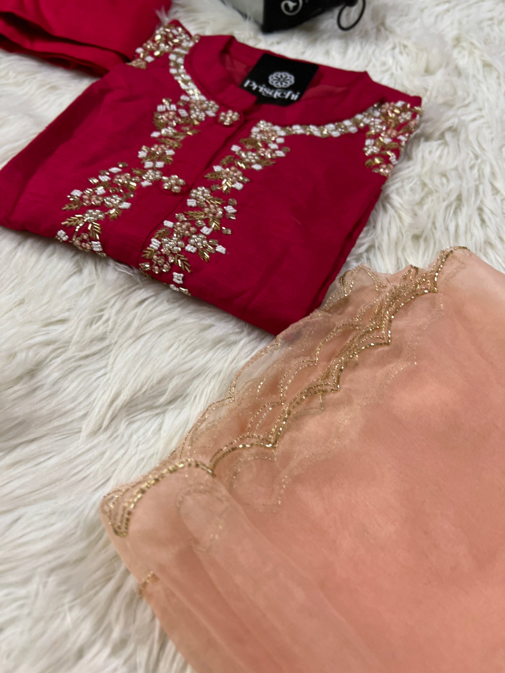 Red embroidered kurta set with dupatta - Prisachi Official