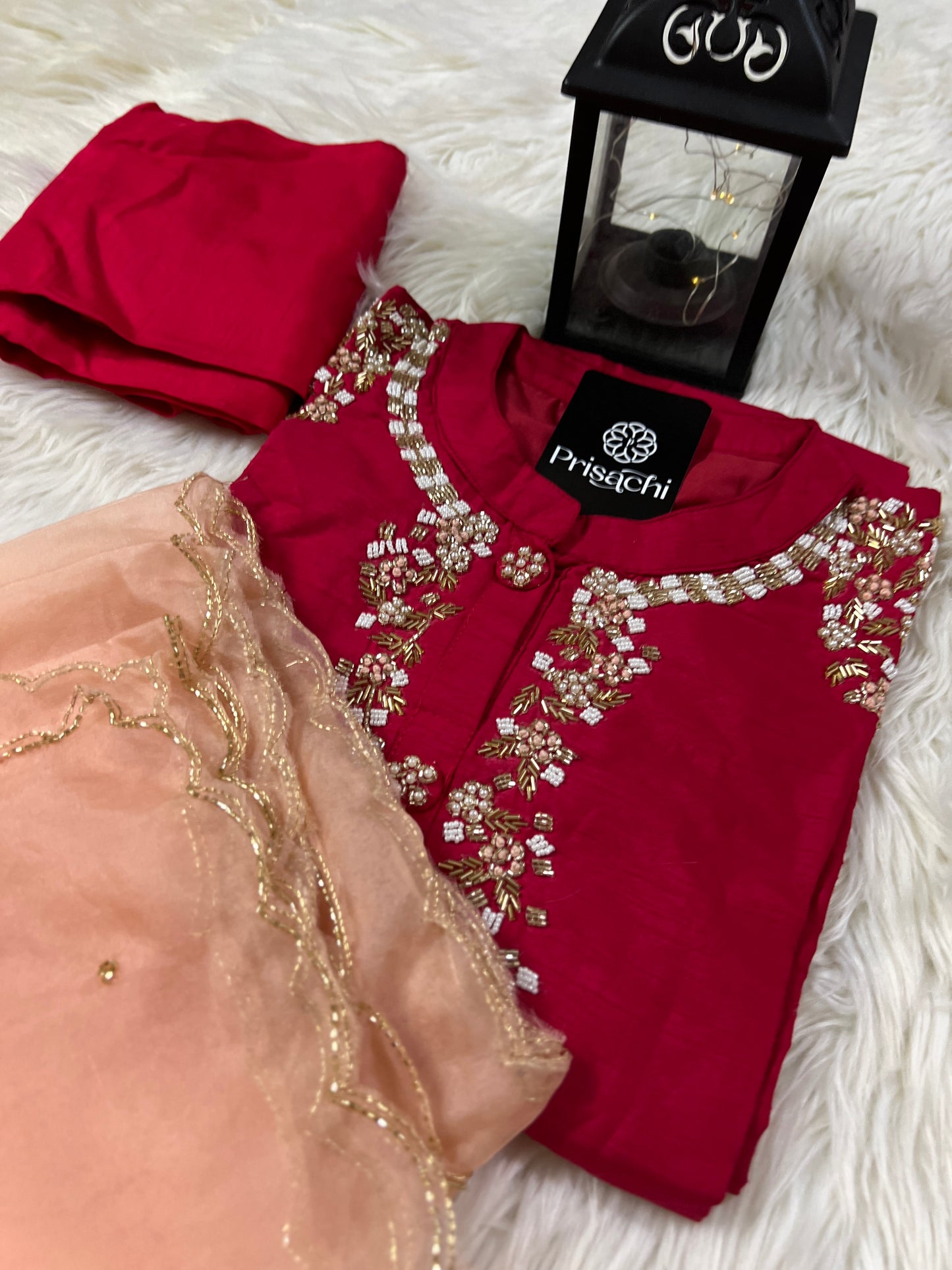 Red embroidered kurta set with dupatta - Prisachi Official