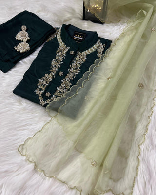 Green Musline Kurti Pant with Organza Dupttaa set