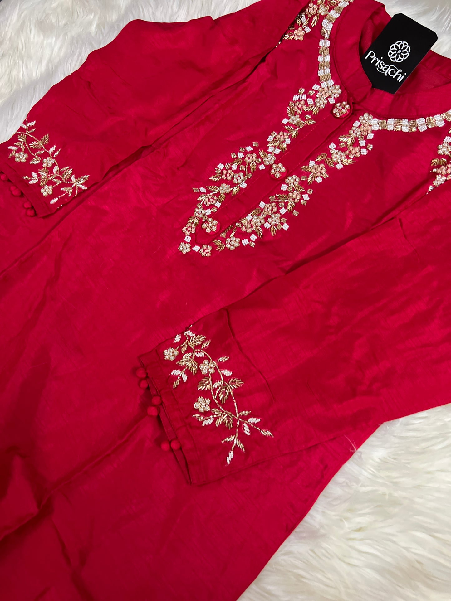 Red embroidered kurta set with dupatta - Prisachi Official