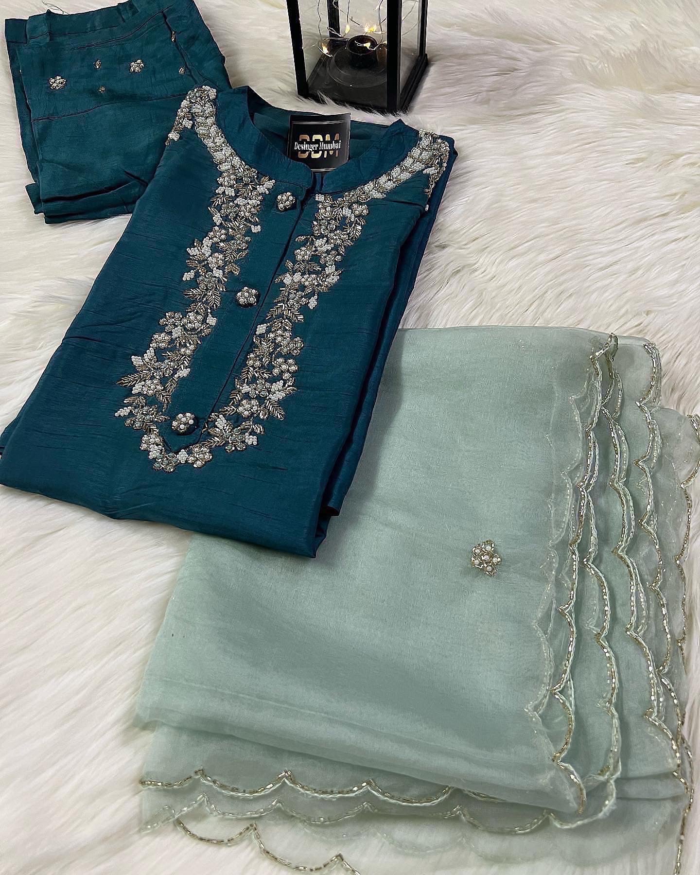 Designer Embroidered Ethnic kurta set with dupatta and pants - Prisachi Official