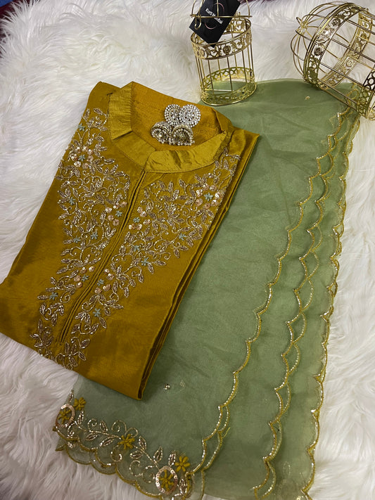 Golden yellow embroidered A line kurta pant with dupatta - Prisachi Official