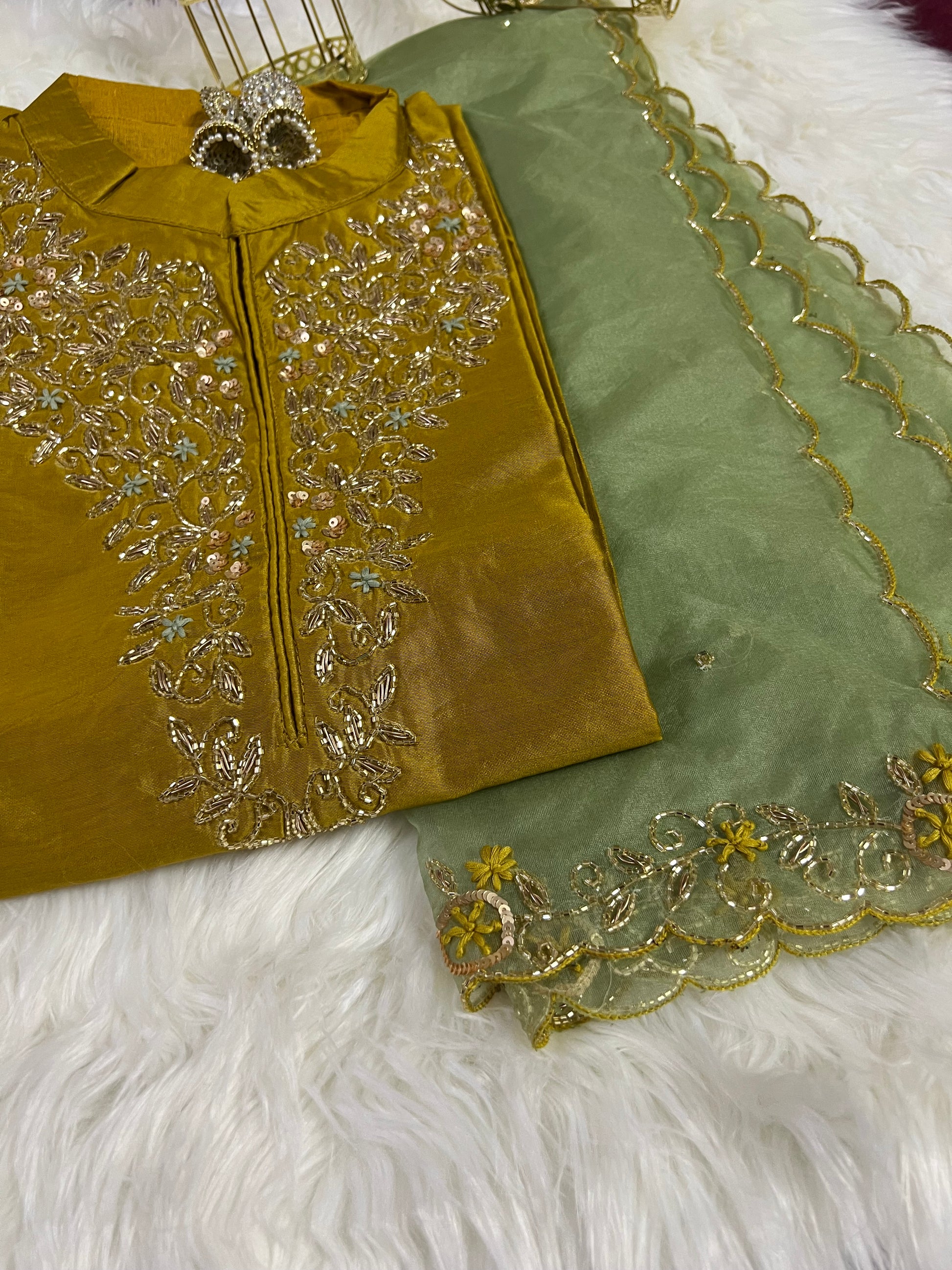Golden yellow embroidered A line kurta pant with dupatta - Prisachi Official
