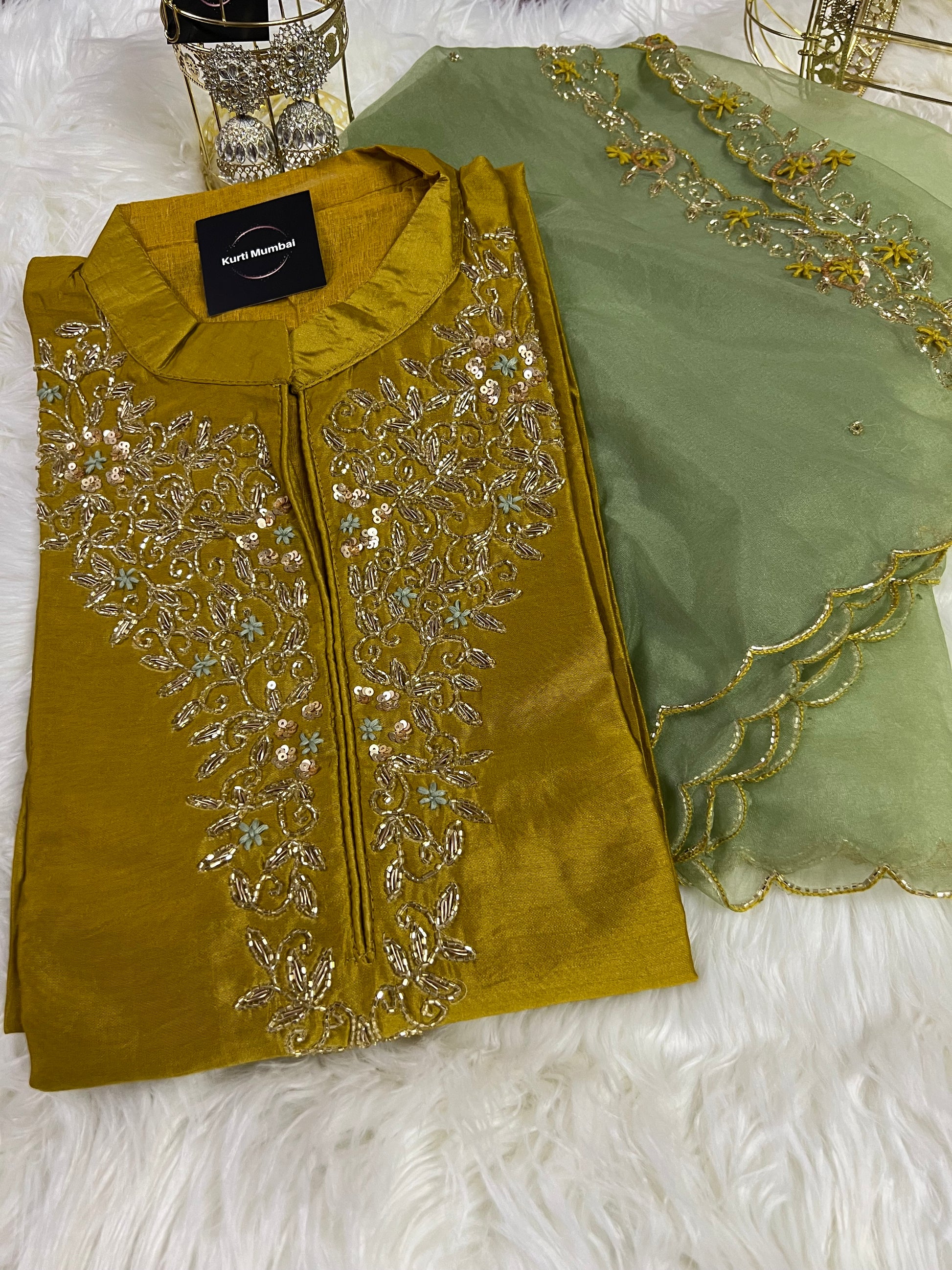 Golden yellow embroidered A line kurta pant with dupatta - Prisachi Official