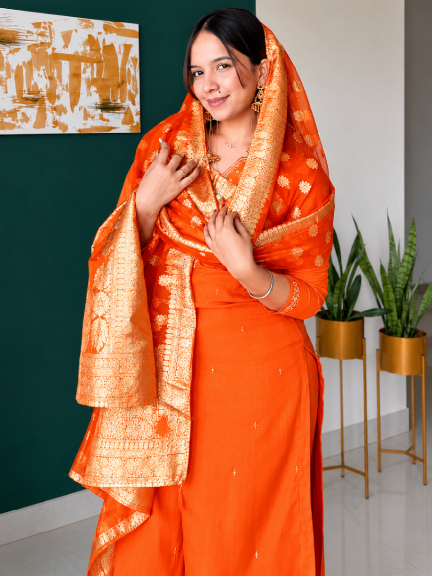 Prisachi Orange Zardozi Embroidered Kurta Pant Set for Women with Banarasi Dupatta | Designer Ethnic Suit