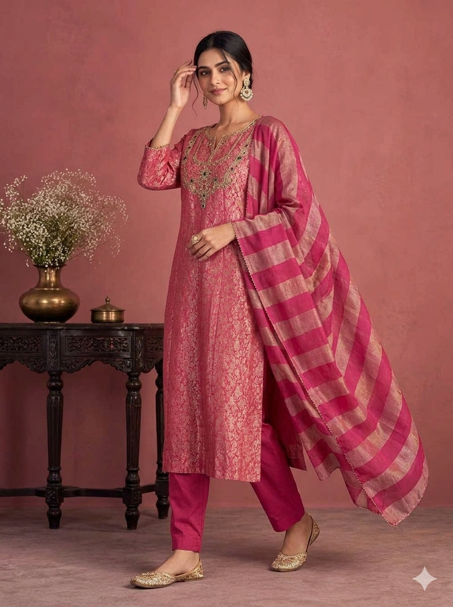 Deep Pink Embroidered Straight Kurta Pant Set with a Zari Dupatta for Women .