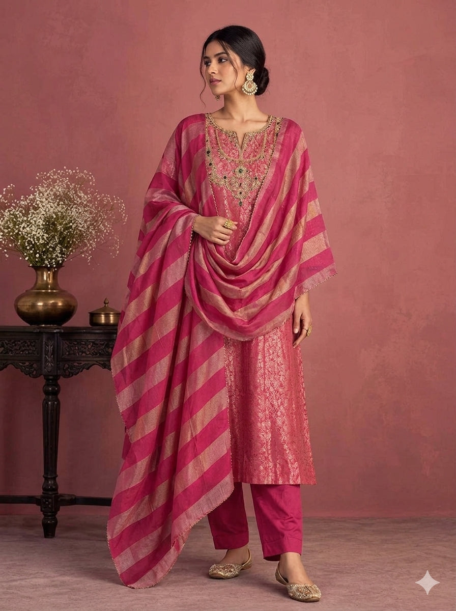 Deep Pink Embroidered A-line Kurta Pant Set with a Zari Dupatta for Women .