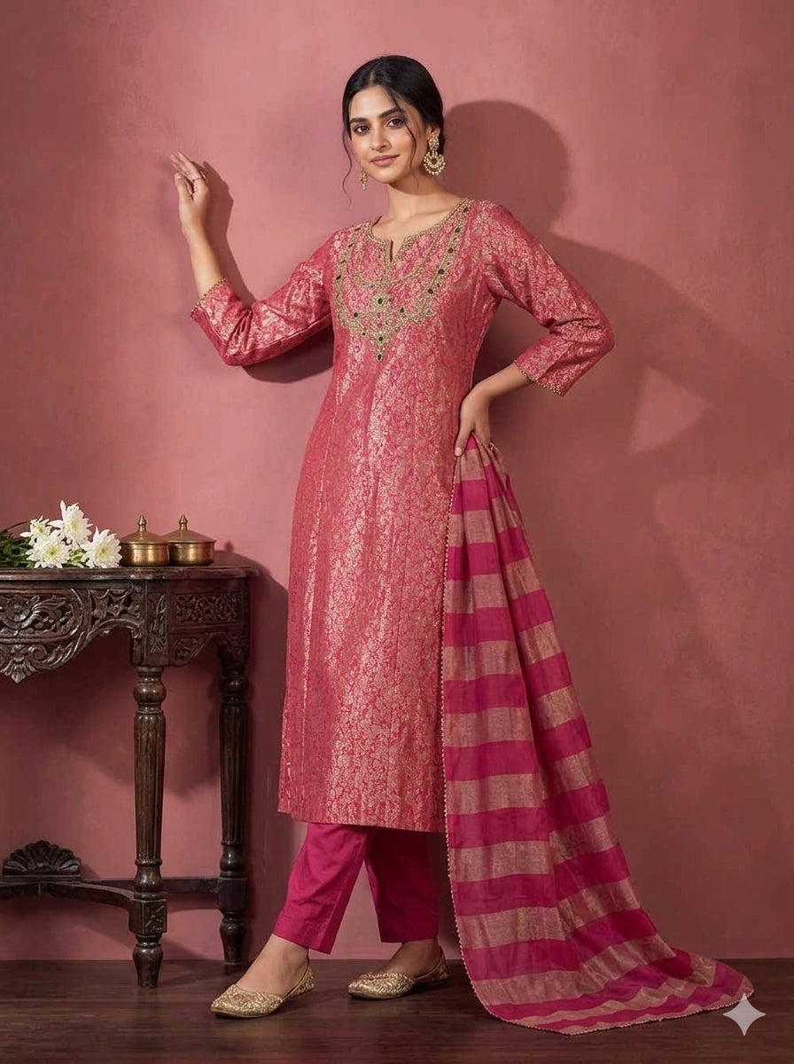 Deep Pink Embroidered Straight Kurta Pant Set with a Zari Dupatta for Women .