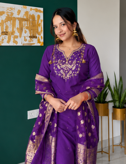 Purple Zardozi Embroidered Kurta Set With Pants And Banarasi Dupatta for Women | Designer Ethnic Suit