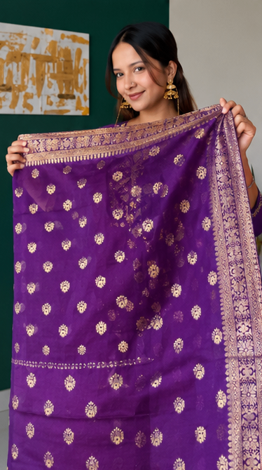Purple Zardozi Embroidered Kurta Set With Pants And Banarasi Dupatta for Women | Designer Ethnic Suit