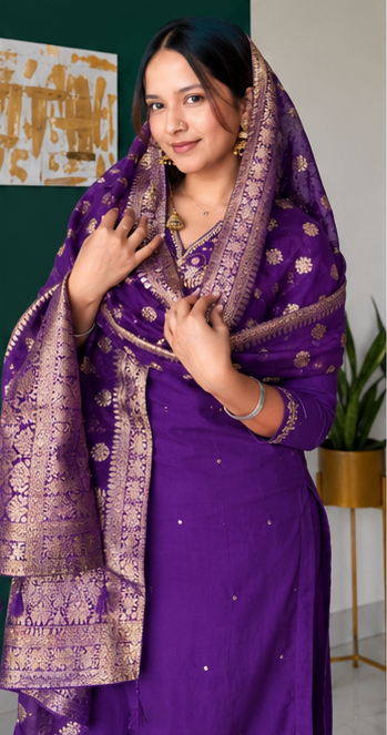 Purple Zardozi Embroidered Kurta Set With Pants And Banarasi Dupatta for Women | Designer Ethnic Suit