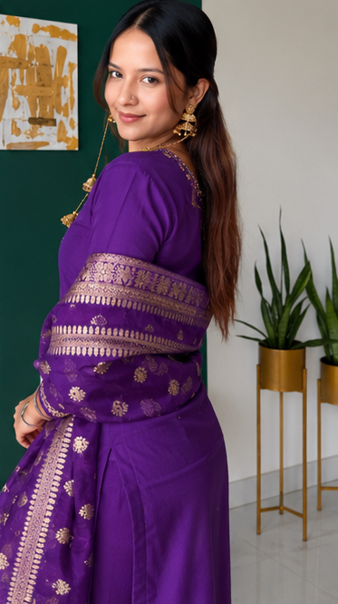 Purple Zardozi Embroidered Kurta Set With Pants And Banarasi Dupatta for Women | Designer Ethnic Suit