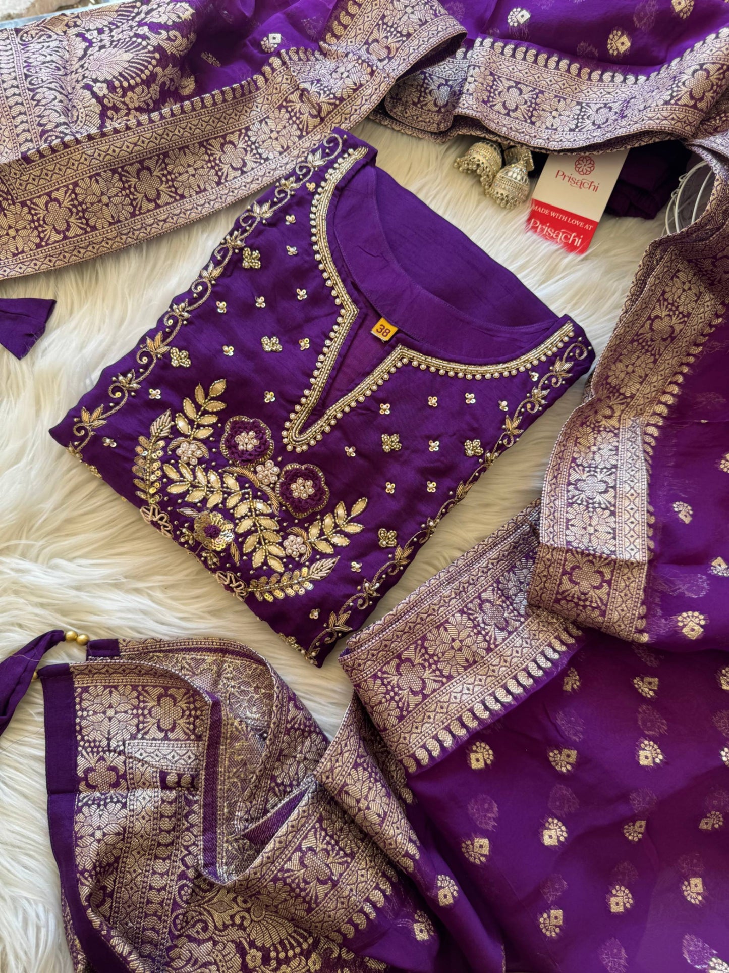Purple Zardozi Embroidered Kurta Set With Pants And Banarasi Dupatta for Women | Designer Ethnic Suit