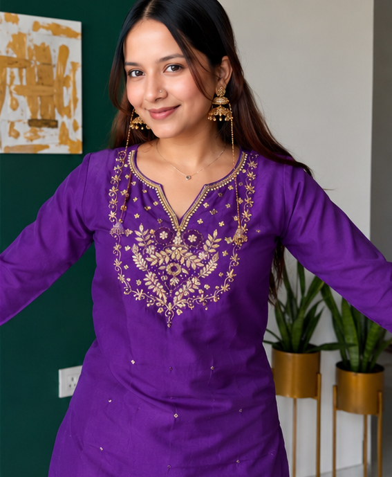 Purple Zardozi Embroidered Kurta Set With Pants And Banarasi Dupatta for Women | Designer Ethnic Suit