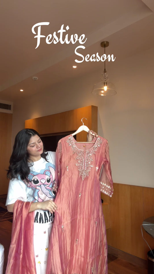 Peach Zardozi Embroidered A Line Kurta Set with Palazzo & Dupatta for Women | Traditional Ethnic Dress