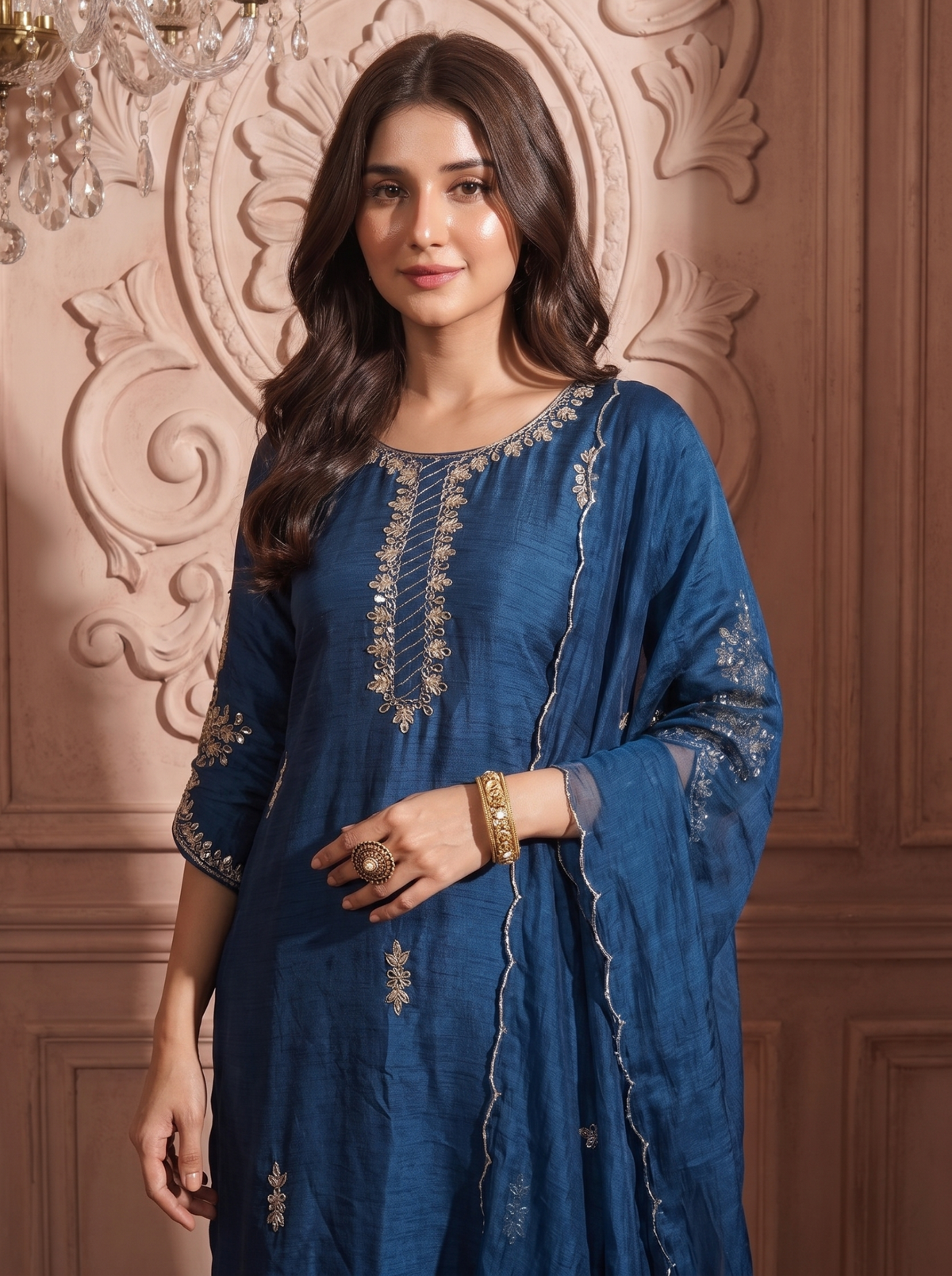 Indigo Blue Embroidered Straight Kurta Pant Set with a matching Organza Dupatta.