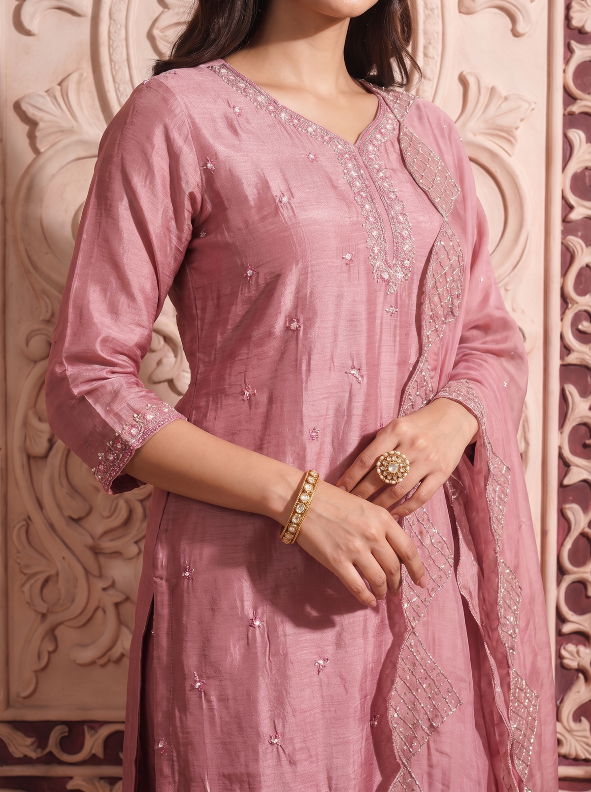 Onion Pink Embroidered Straight Kurta Pant Set with a Scalloped Dupatta.