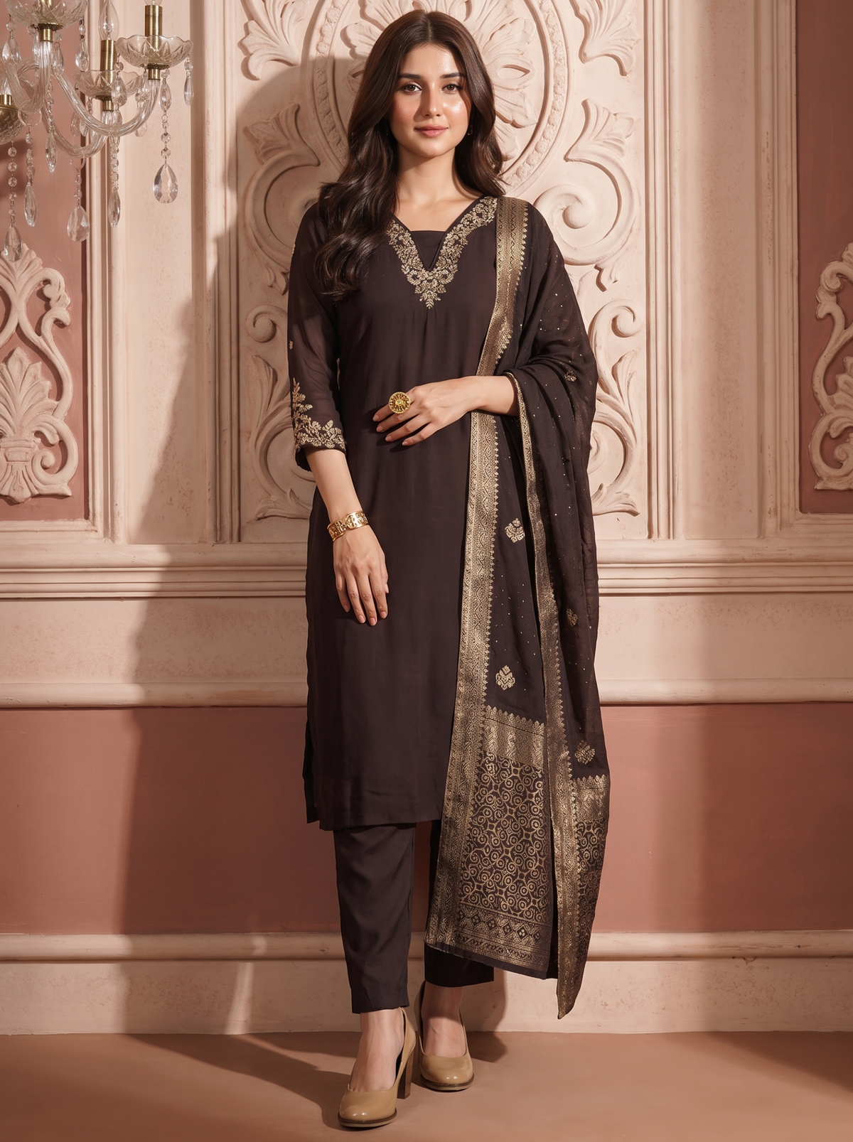 Brown Zardozi Embroidered Kurta Set with Banarasi Dupatta & Pants | Designer Festive Ethnic Suit