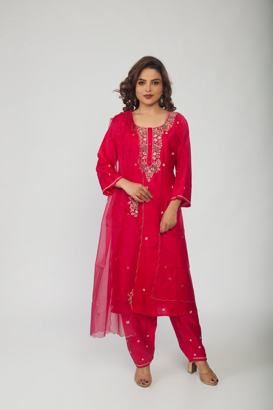 Red Musline Kurti Pant with Organza Dupttaa - prisachiofficial
