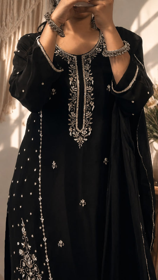 Black Embroidered Kurta Set with Palazzo & Dupatta | Festive and Party Wear Ethnic Suit