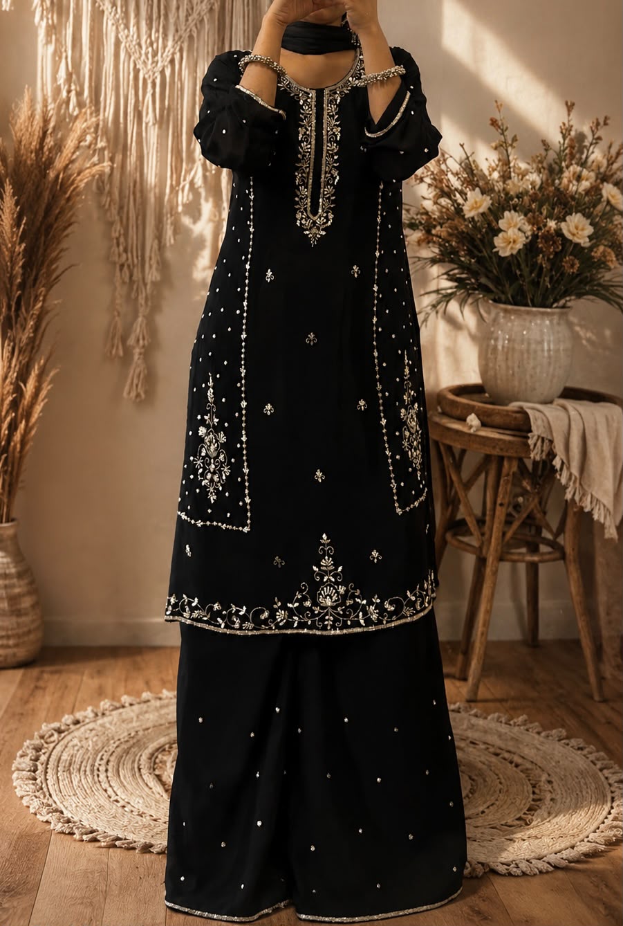 Black Embroidered Kurta Set with Palazzo & Dupatta | Festive and Party Wear Ethnic Suit