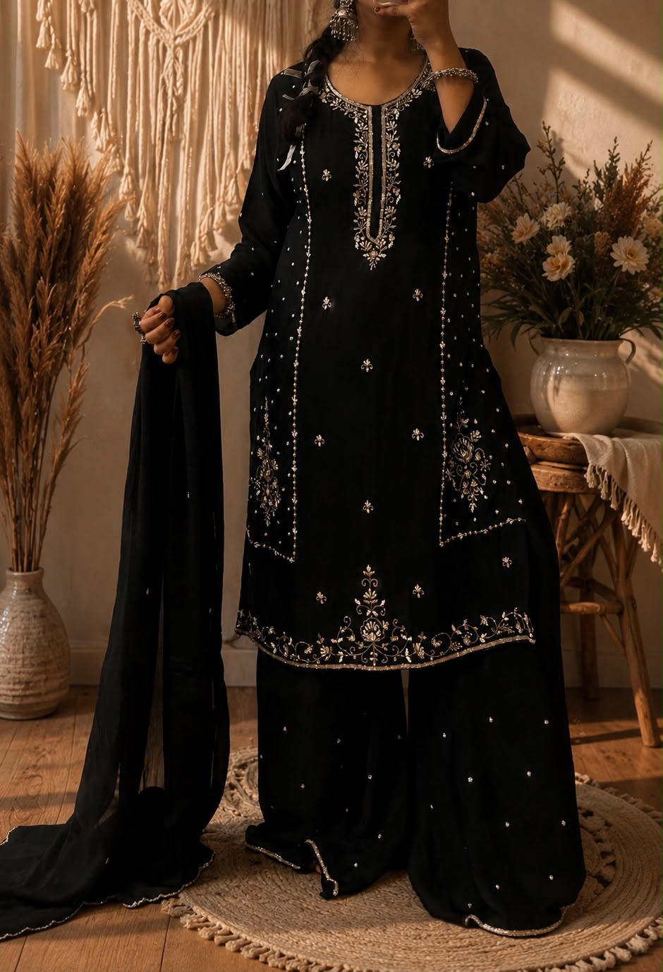 Black Embroidered Kurta Set with Palazzo & Dupatta | Festive and Party Wear Ethnic Suit