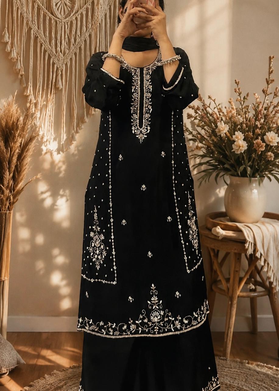 Black Embroidered Kurta Set with Palazzo & Dupatta | Festive and Party Wear Ethnic Suit